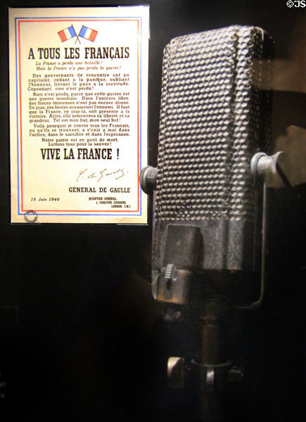 Leaflet from General de Gaulle to all French citizens (1940) printed in England beside ribbon microphone at Caen Memorial. Caen, France.