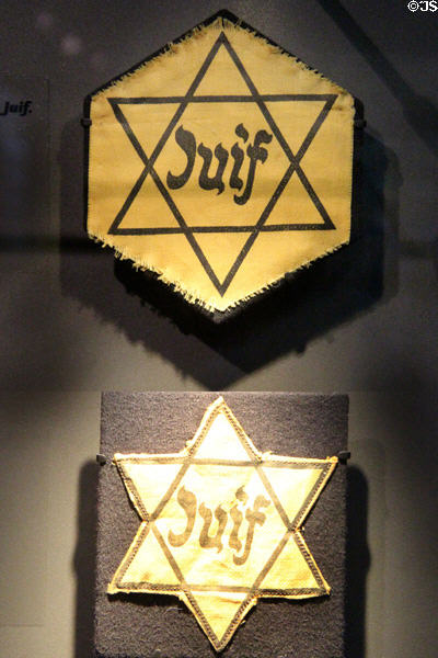 Stars marked Juif which French Jews were required to wear at Caen Memorial. Caen, France.