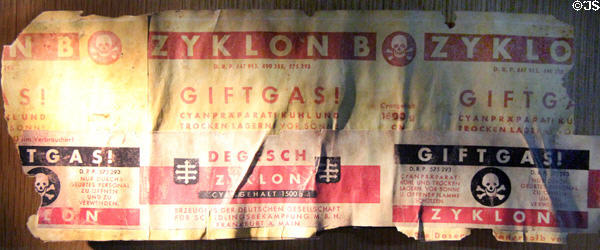 Label from can of Zyklon B gas used to murder Jews in concentration camps at Caen Memorial. Caen, France.