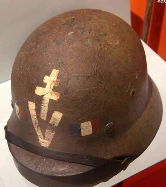 German steel helmet repainted for use by French liberation troops at Caen Memorial. Caen, France.
