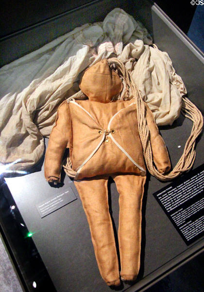 Rupert dummy model parachutist dropped to cause German confusion over which were real troops at Caen Memorial. Caen, France.