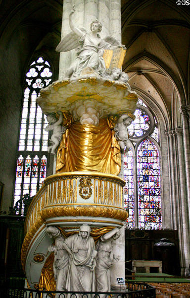 Baroque pulpit of marble & gilded with female figures representing the three theological virtues: Faith, Hope & Charity at Amiens Cathedral. Amiens, France.