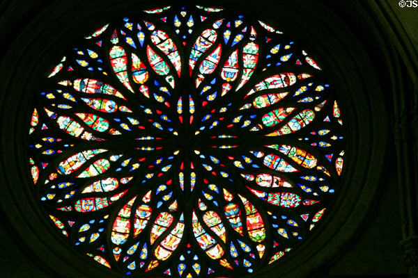 Rose window over main doors of Amiens Cathedral. Amiens, France.