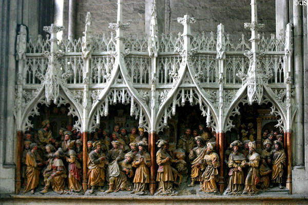 Polychrome sculpted figures in scenes from life of St James the Greater at Amiens Cathedral. Amiens, France.