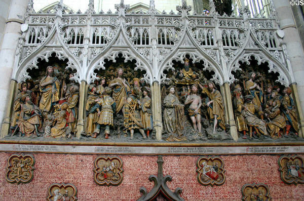 Scenes with polychrome sculpted figures depicting events in life of John the Baptist at Amiens Cathedral. Amiens, France.