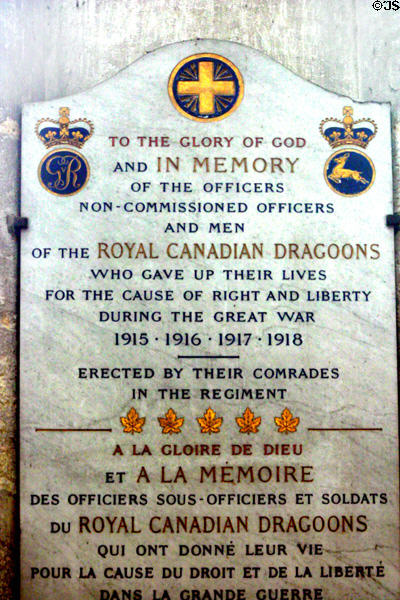 Plaque in memory of men of Royal Canadian Dragoons who died during WWI. Amiens, France.