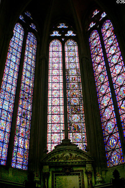 Fragments of ancient stained glass windows (13thC) integrated into a composition (1991) by Jeannette Weiss-Gruber at Amiens Cathedral. Amiens, France.