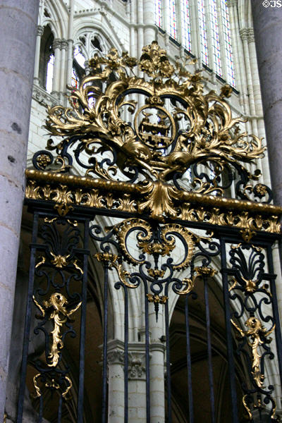Ornate wrought iron & gilded gate at Amiens Cathedral. Amiens, France.