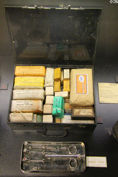 First aid kit for armored fighting vehicle & box of surgeon's needles used on D-Day at Juno Beach Centre. Courseulles-sur-Mer, France.