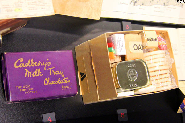 Replica of D-Day 24-hour ration & chocolate boxes at Juno Beach Centre. Courseulles-sur-Mer, France.