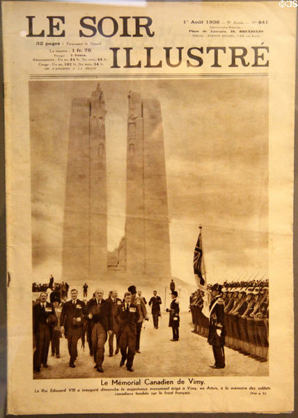 Newspaper (Aug. 1, 1936) covering opening of Canadian WWI memorial on Vimy Ridge at Juno Beach Centre. Courseulles-sur-Mer, France.