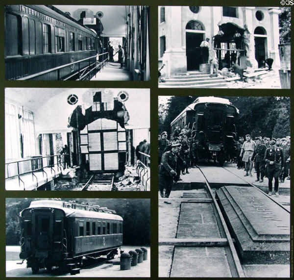 Photos of Armistice Rail Car being returned, on Hitler's orders, to location where it stood at signing of WWI armistice at Armistice Rail Car Museum. Compiègne, France.