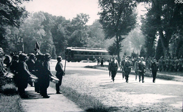 Hitler & his officers at 1940 armistice ceremony at Armistice Rail Car clearing. Compiègne, France.
