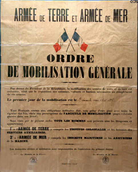 General Mobilization order issued by French government in 1914 at Armistice Rail Car Museum. Compiègne, France.