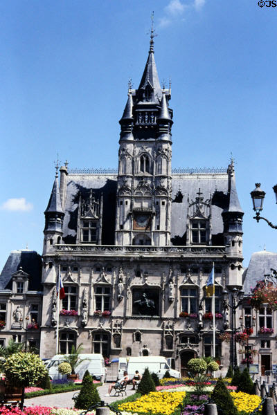 City Hall, built under Louis XII with 19thC restoration, with facade displaying equestrian statue of Louis XII & historic figures such as Joan of Arc & Charlemagne. Compiègne, France. Style: Late Gothic.