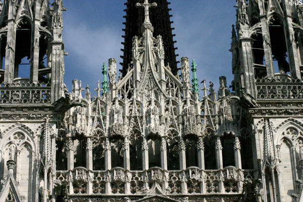 Late (Flamboyant) Gothic details of western facade of Rouen Cathedral. Rouen, France.