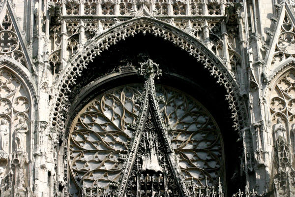 Exterior of western rose window at Rouen Cathedral. Rouen, France.