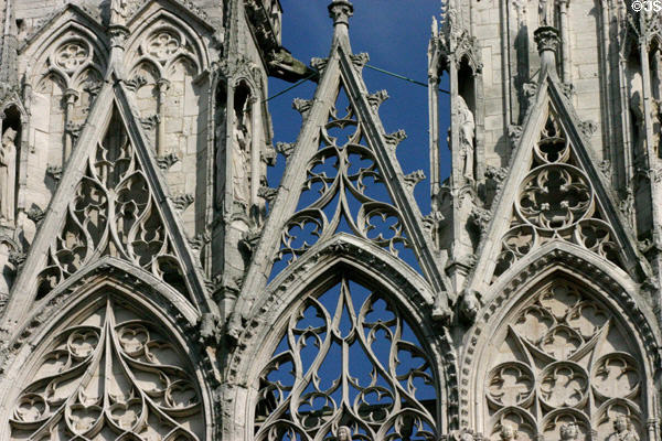 Late (Flamboyant) Gothic lacework of western facade of Rouen Cathedral. Rouen, France.