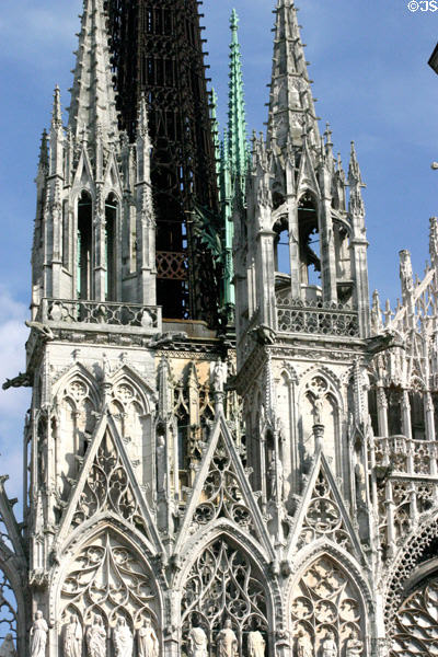 Facade spire details of Rouen Cathedral. Rouen, France.