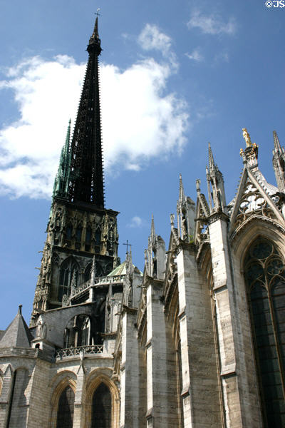 Central lantern tower above flying buttress of Rouen Cathedral. Rouen, France.
