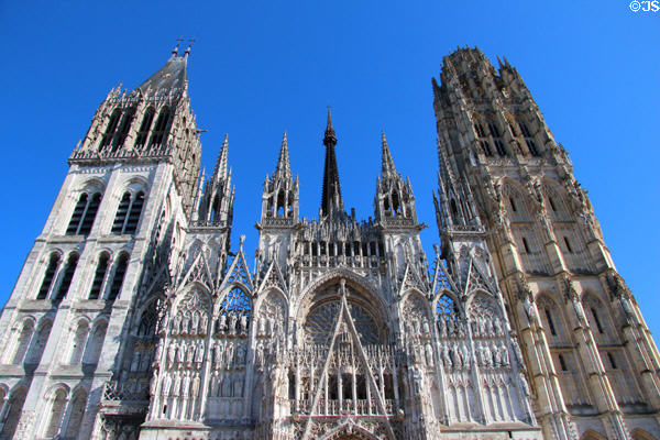 Towers & spires of western facade of Rouen Cathedral. Rouen, France.