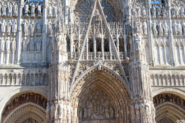 Gothic details of facade with Jesse tree carving of Rouen Cathedral. Rouen, France.