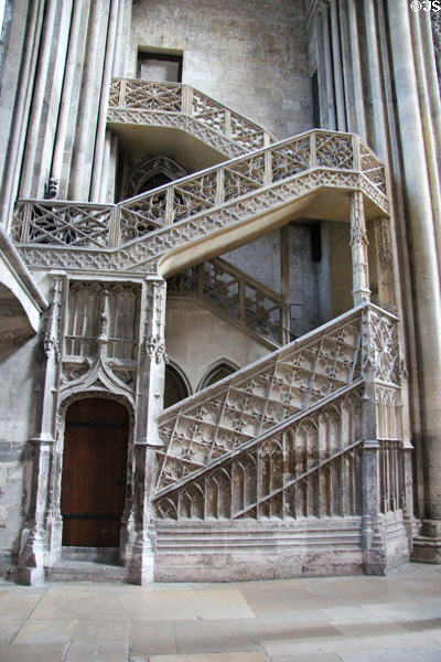Stairway with gothic designs at Rouen Cathedral. Rouen, France.