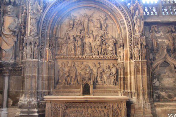 Crucifixion carving & altar at Rouen Cathedral. Rouen, France.