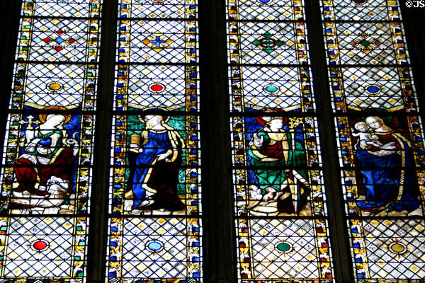 Stained glass windows (1465-70) by Guillaume Barbe of St Margaret, St. Mary Magdalene, St. Nicholas & Virgin & Child at Rouen Cathedral. Rouen, France.