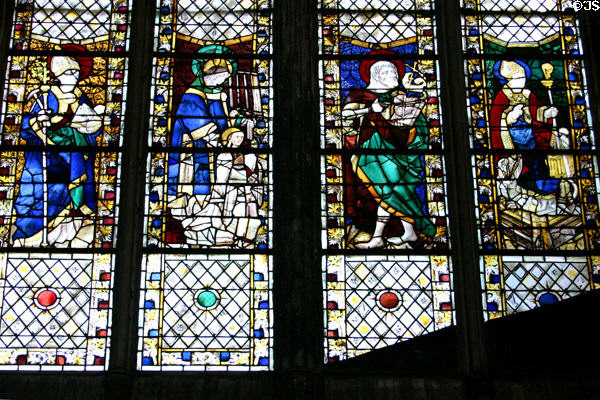 Stained glass windows (1465-70) by Guillaume Barbe of Bishops & saints at Rouen Cathedral. Rouen, France.