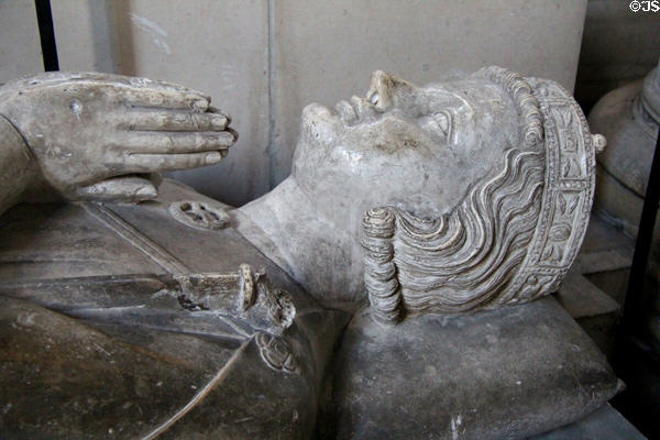 Detail of head & praying hands of Henri the Younger on his tomb at Rouen Cathedral. Rouen, France.