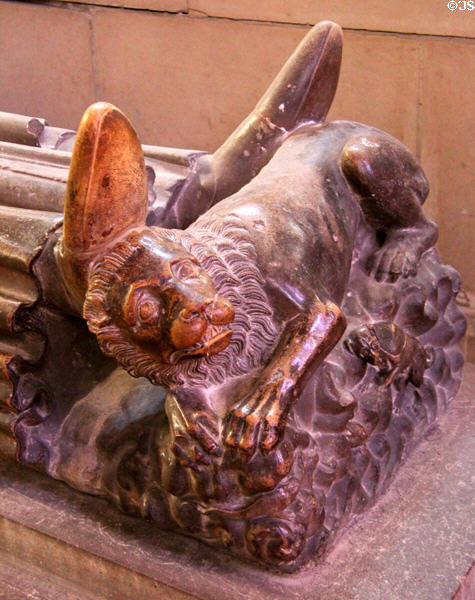 Detail of lion at foot of tomb of Richard Lion-Heart at Rouen Cathedral. Rouen, France.