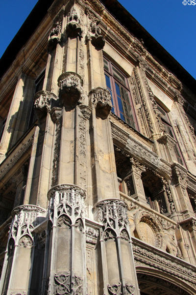 Carved facade details on House of Exchequer. Rouen, France.