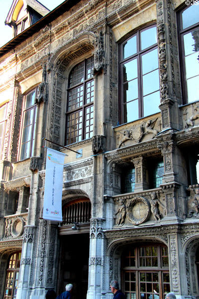 Carved facade details on House of Exchequer. Rouen, France.