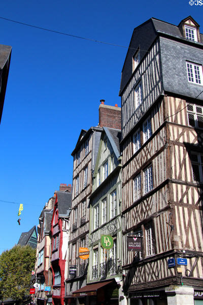 Prominent half-timbered buildings on rue du Gros Horloge. Rouen, France.