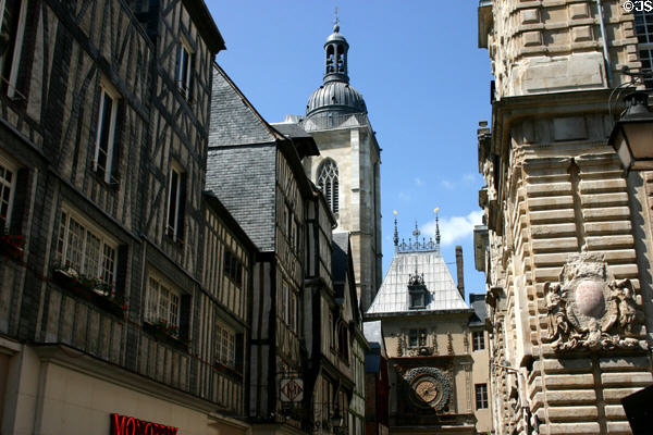 Streetscape with Great Clock & belfry. Rouen, France.