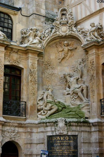 Ludovico XV marble fountain near Great Clock. Rouen, France.