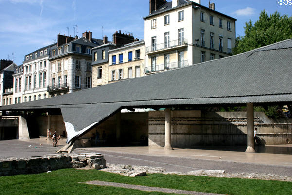 Overhang with traditional buildings beyond at St Joan of Arc Church. Rouen, France.