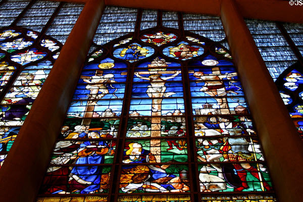 Crucifixion scene in stained-glass windows (16thC) at St Joan of Arc Church. Rouen, France.