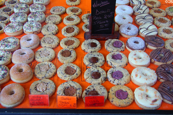 Filled cookies at St Joan of Arc open-air marketplace. Rouen, France.