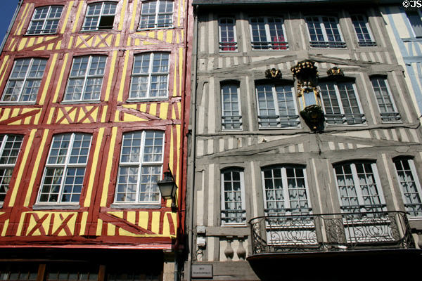 Colored half-timbered building facade details. Rouen, France.