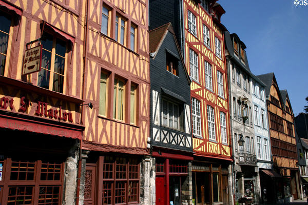 Colored half-timbered building streetscape. Rouen, France.