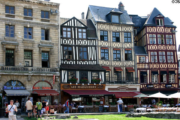 Half-timbered heritage buildings around market. Rouen, France.