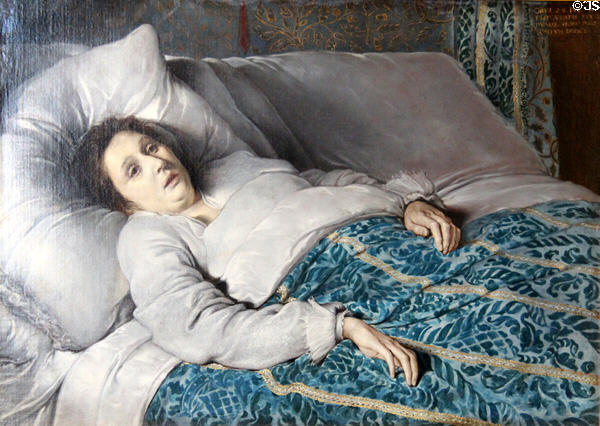 Young woman in death bed painting (1621) by artist of Flanders at Rouen Museum of Fine Arts. Rouen, France.