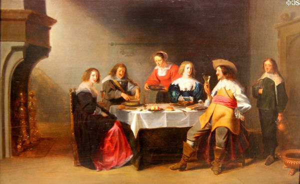 Society dinner painting (17thC) by Christoffel Jacobsz van der Lamen at Rouen Museum of Fine Arts. Rouen, France.
