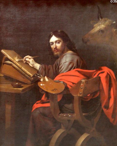 Evangelist Luke with bull making portrait of Virgin painting (17thC) by Nicolo Renieri of Venice at Rouen Museum of Fine Arts. Rouen, France.