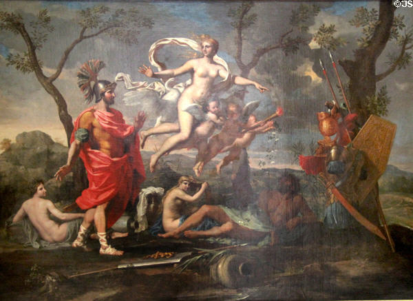 Venus showing her arms to Aeneas painting (1638) by Nicolas Poussin at Rouen Museum of Fine Arts. Rouen, France.