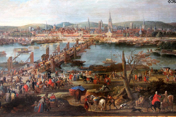 Detail of central bridge of View of Rouen painting (18thC) at Rouen Museum of Fine Arts. Rouen, France.