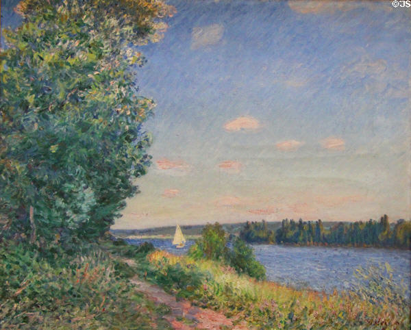 Path along water at Sahurs, evening painting (1894) by Alfred Sisley at Rouen Museum of Fine Arts. Rouen, France.