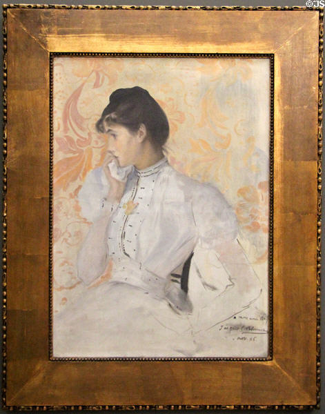 Gilded frame around Young woman in white painting (1886) by Jacques-Emile Blanche at Rouen Museum of Fine Arts. Rouen, France.
